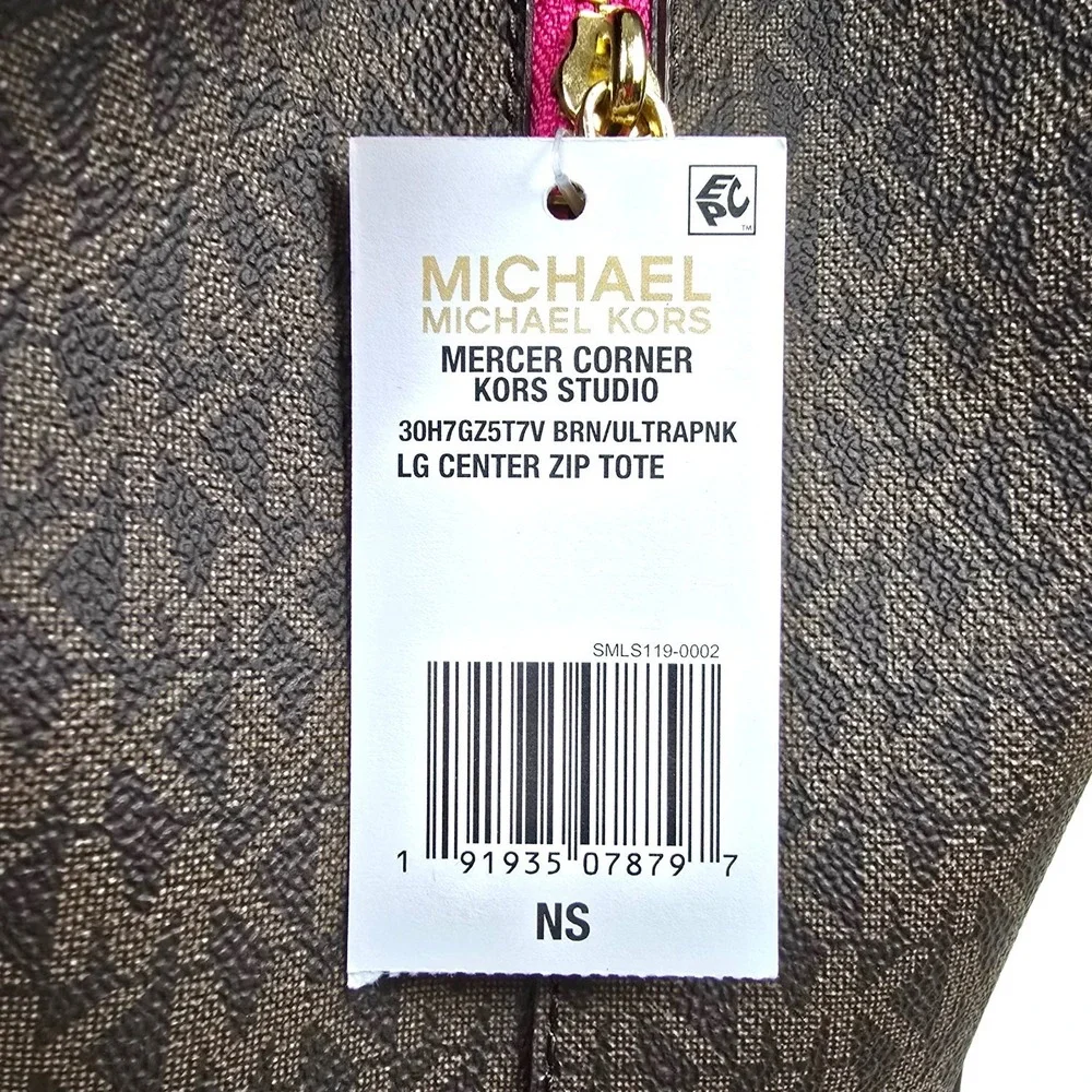Michael Kors Mercer Corner Studio Large Center Zip Tote Brown Pink 30H7GZ5T7V